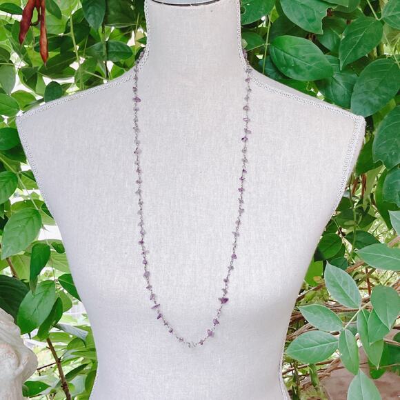 Amethyst Chip Bead Necklace Wire Linked Long Layering Lightweight Stone Jewelry - Picture 2 of 8